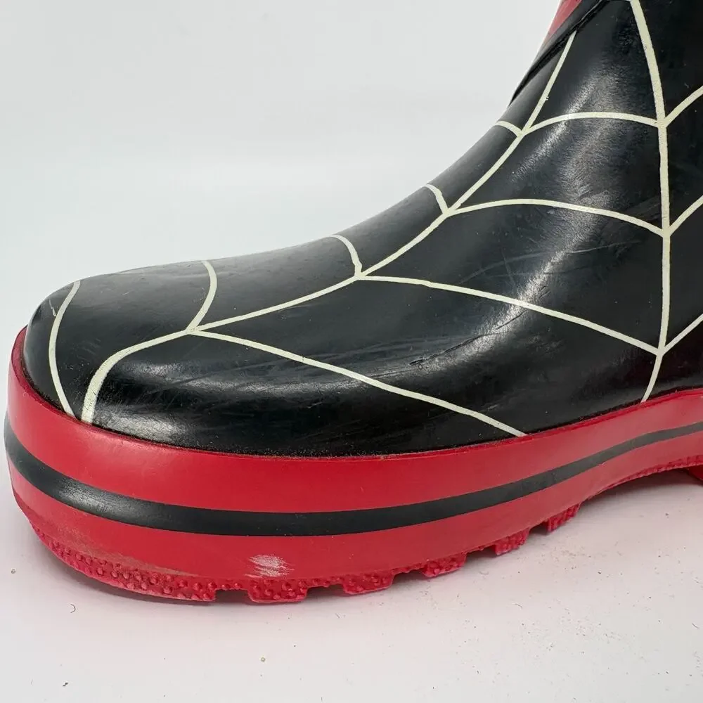 Marvel Spider-Man Kids Rain Boots Size 11 Black Red Rubber Pull Handle Wellies